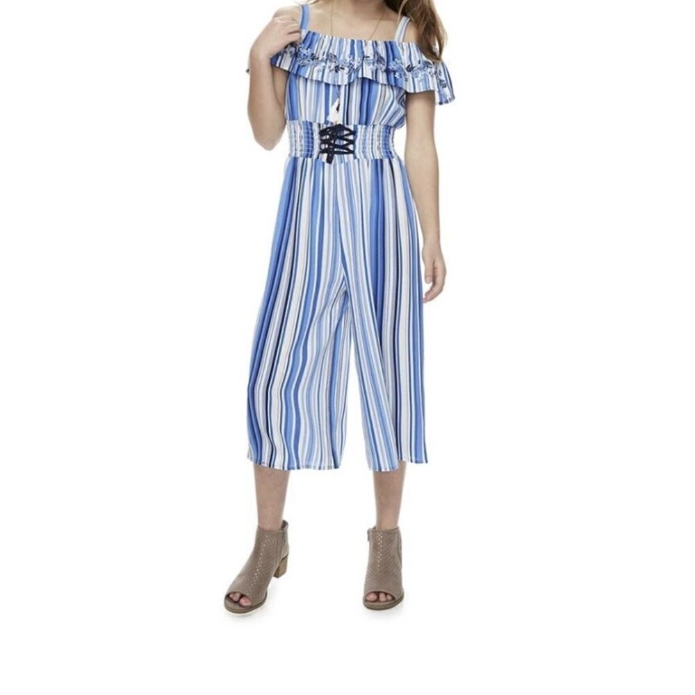 KnitWorks Girls Jumpsuit Flare Leg Blue and White Boho pantsuit